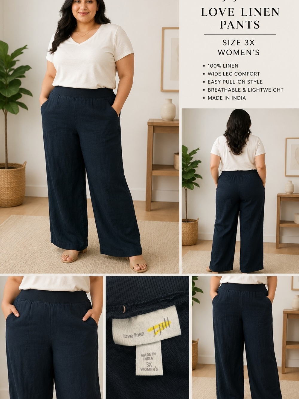 J. Jill Wide-Leg Linen Pull-On Pants — Navy